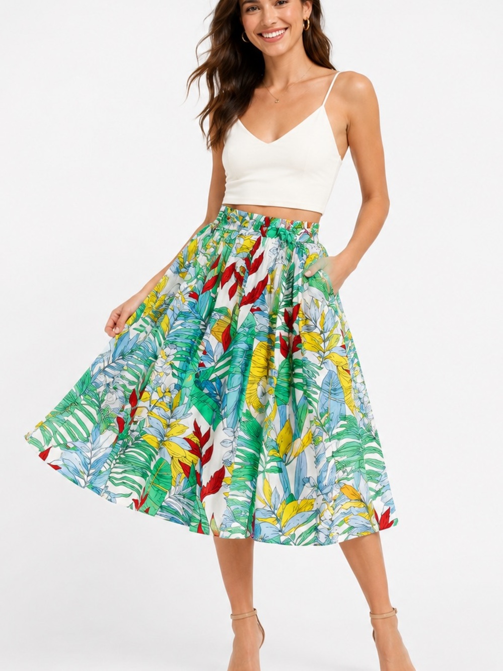 Zara Green, Blue, Yellow & Red Tropical Print Midi Skirt